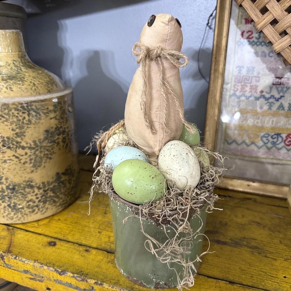 Primitive Handmade Bunny Rabbit Tin Bucket Eggs Centerpiece Easter Spring Decor - Picture 3 of 5